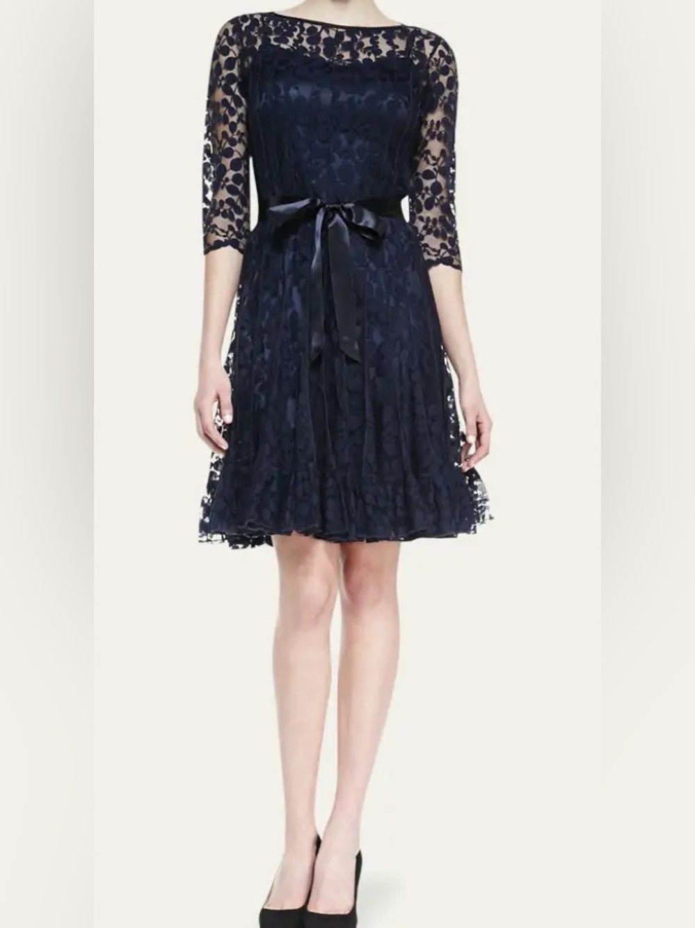 Teri Jon by Rickie Freeman Leaf Lace Pintuck Dress Size 2